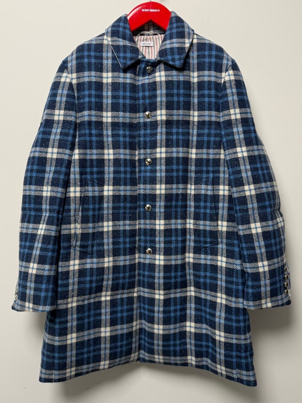 Thom Browne Size 1 Blue Plaid Wool Down Filled Overcoat Made in Italy